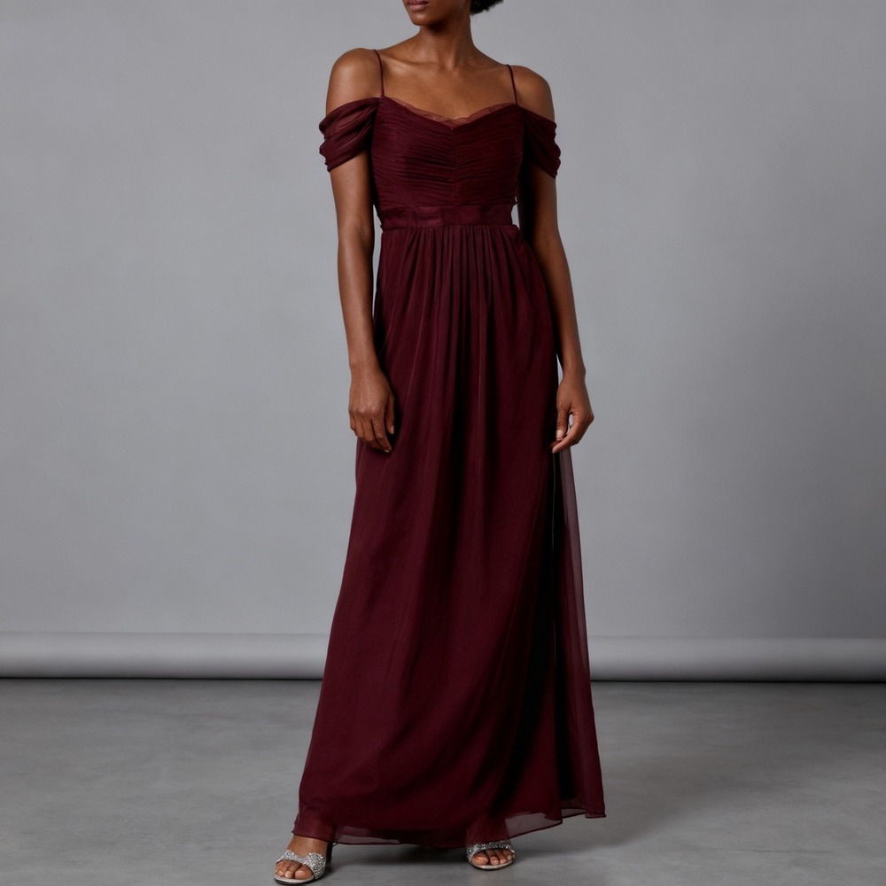 Adrianna‎ Papell Tulle Pleated Chiffon Off-the-shoulder Gown Maxi Dress Maroon 4